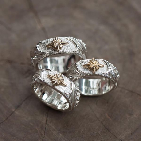 

cluster rings silver star fire liao handmade convex original retro temperament men and women couple ring jewelry, Golden;silver