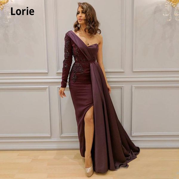 LORIE One Shoulder Mermaid Abendkleid Satin Open Back Design Formales Kleid Langarm Elegante Spitze Applikationen Partykleid 2020 LJ201118