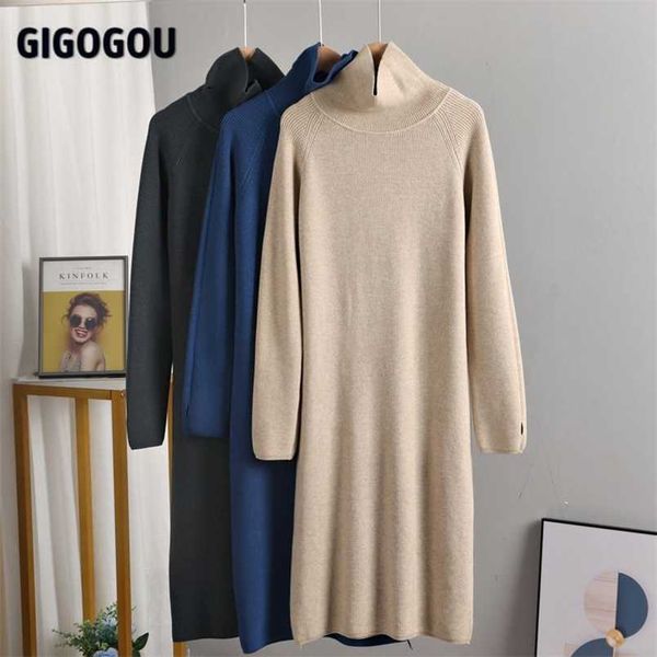 

gigogou thumb hole design long knit women straight sweater dress winter thick warm midi dress knit turtlneck pullover dresses 211221, Black;gray