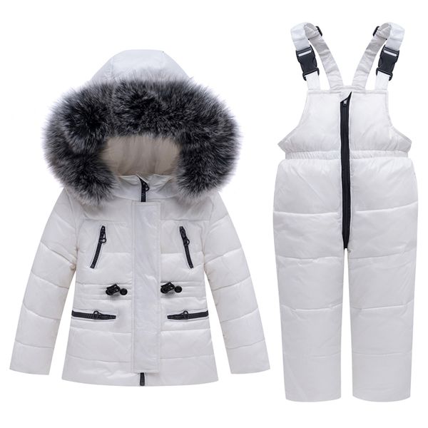 

baby girl boy winter clothes set -30 degrees 100% down hooded jacket kid overalls jumpsuits snow wear toddler clothing 2- 5 y y200325, White