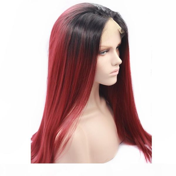 

черные корни ombre бургундия длинные прямые волосы glueless фронта шнурка парики для женщин жаропрочных волокна синтетические парики волос с, Black