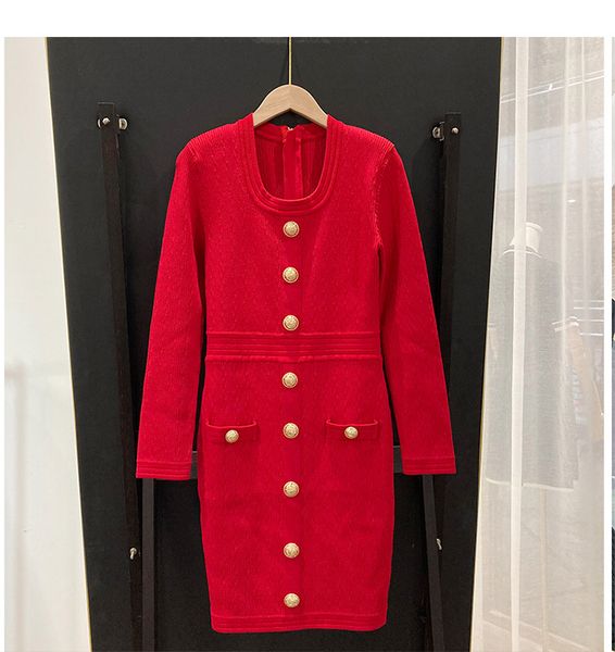 

2021 spring long sleeve round neck black / red / white pure color knitted single-breasted dress elegant casual dresses xj052301, Black;gray