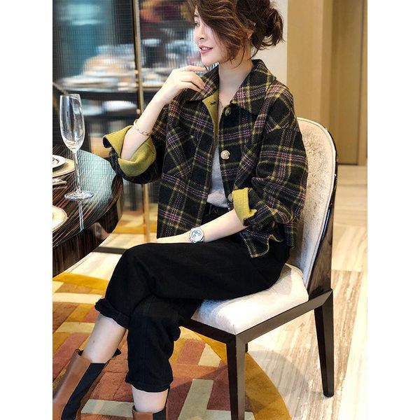 

hong kong style retro plaid coat thickened women's short short coarse tweed loose korean version autumn winter 2020 europe, Black;brown
