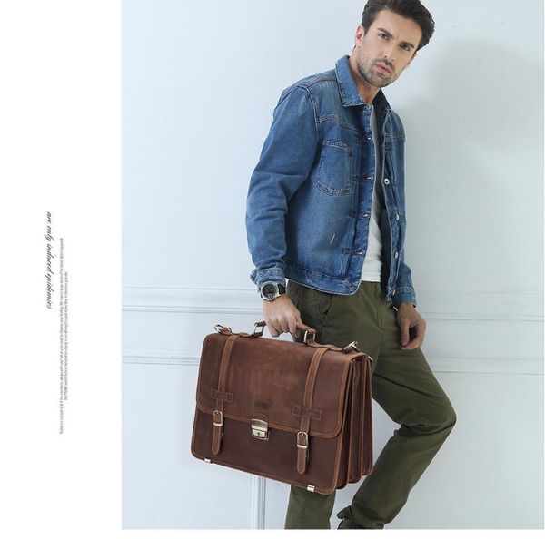 

briefcases gift for men crazy horse leather briefcase business bag 14" lapshoulder messenger bags male
