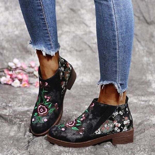 

autumn winter ankle boots women low heels platform boots flower embroidered round toe zipper vintage ladies shoes, Black