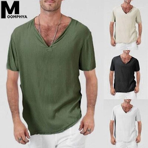 

moomphya men clothes 2020 linen casual v neck short sleeve t-shirt men comfortable loose style t shirt summer plain tshirt1, White;black