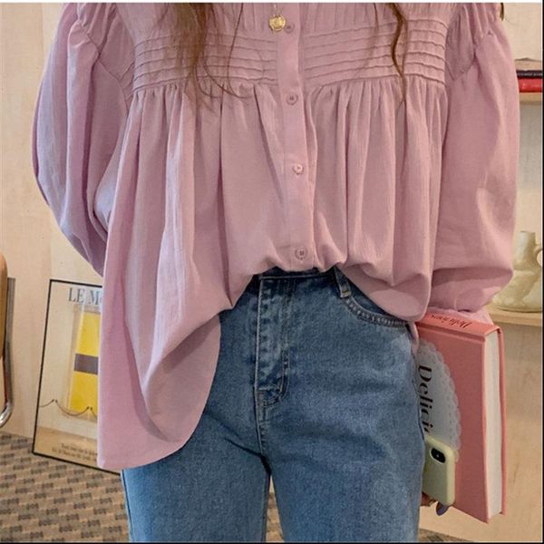 

hzirip purple pink loose casual 2021 ol style women blouses solid chic basic long sleeve all match blusas, White