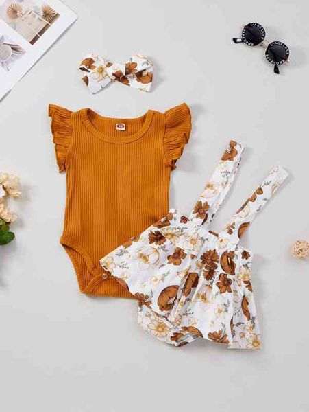 

baby girl ruffle bodysuit & floral skorts & headband she, Blue