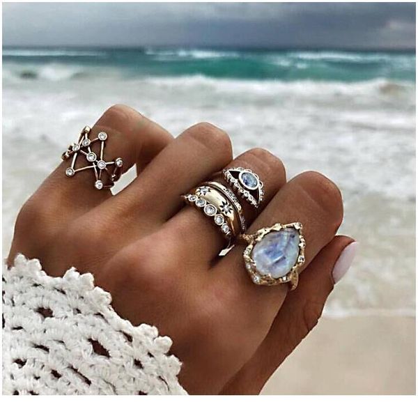 

29 style women ring set punk geometric lotus cross boho finger kuckle rings femme indian jewelry vintage acc qylecw, Black;brown