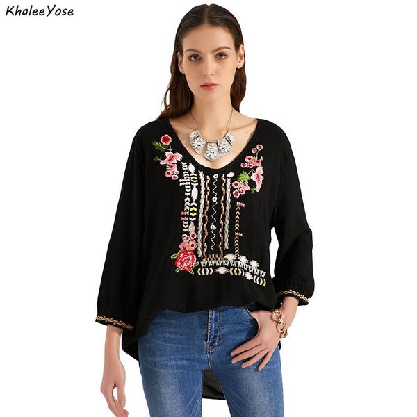 

khalee yose boho floral embroidery blouses shirt cotton spring mexican shirt long sleeve plus size button front 3xl ethnic, White