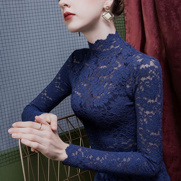 

designer women's sweater lace bottomed shirt high neck slim fashion body close fitting long sleeves tunics, White;black