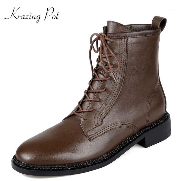 

boots krazing pot work genuine leather winter leisure square toe thick low heel zip office lady daily wear dress ankle l291, Black