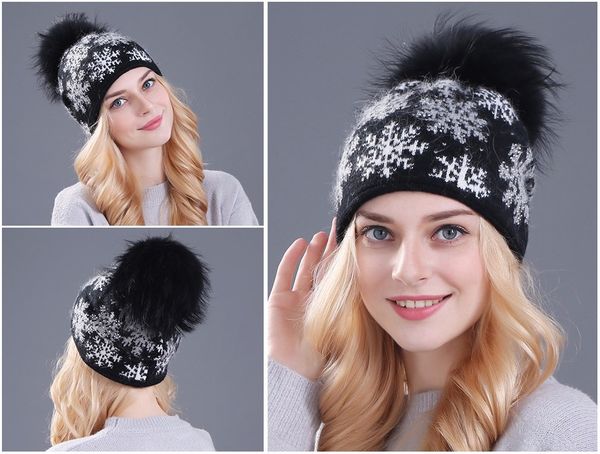 

wool blended hat real mink pom poms wool rabbit fur knitted hat skullies for women girls cap beanies christmas snow hat