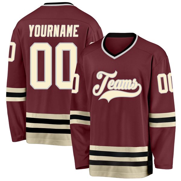 

custom burgundy cream-black hockey jersey, Black;red