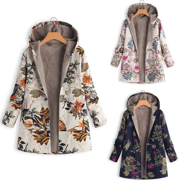 

coat 2019fashion womens winter warm outwear floral print hooded pockets long sleeve vintage oversize jackets for women, Black;brown