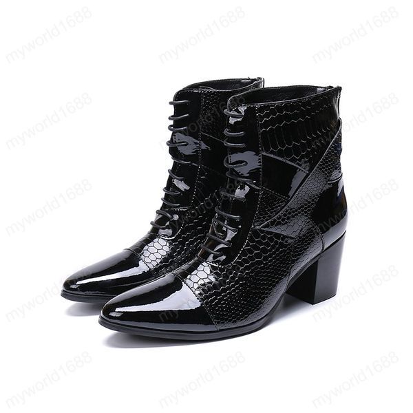 

fashion men ankle boots double cuckles formal dress shoes pointed toe metal toes boots high heel cowboy boots, Black