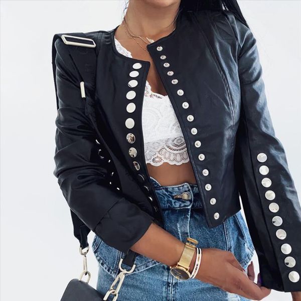 

elegant button jackets women biker faux leather jackets outerwear ladies autumn winter puff sleeve coats outerwear abrigo d30, Black