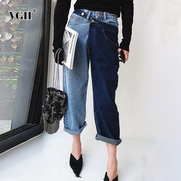 

vgh casual patchwork hit color womens jeans ankle-length high waist button pockets jean female straight fashion new 2019 summer1, Blue