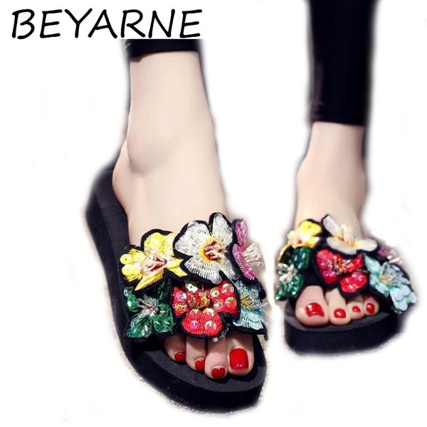 

beyarne new summer slippers women fashion flip flops beach platform sandals ladies handmade flowers shoes woman pantoufle femme x1020, Black