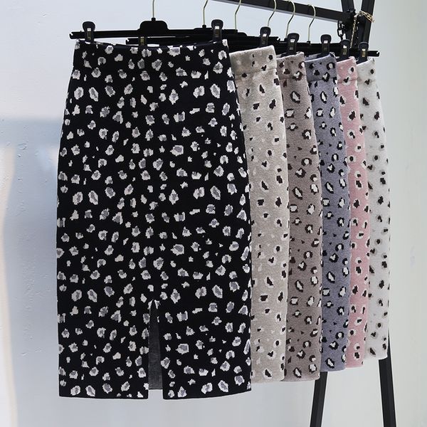 

long split leopard grain knitting a bust in the new skirt female qiu dong joker fashion bag hip skirt of tall waist y1214, Black