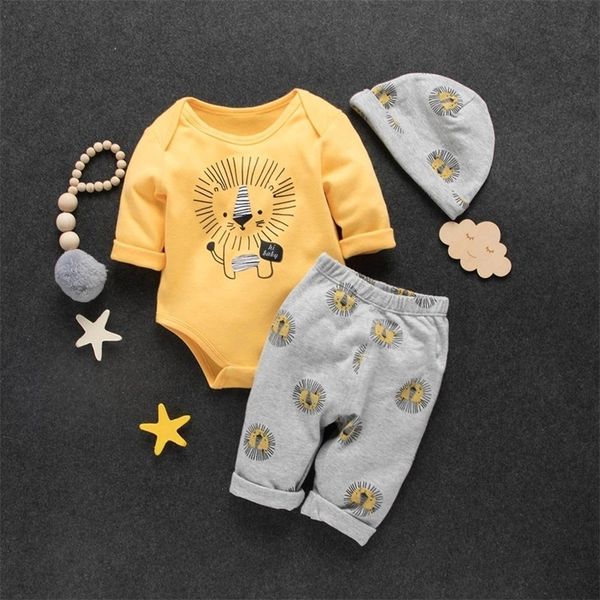 

patpat spring autumn winter cotton casual newborn 3 piece set baby toddler cute lion print bodysuit pants hat suit crawler y200323, White