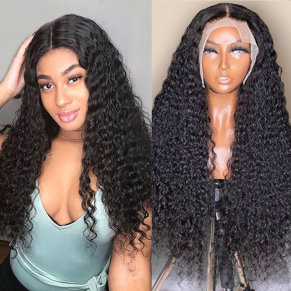

brazilian deep wave 13x4 lace frontal wig pre plucked with baby hair human hair deep curly closure wig transparent lacefactory direct, Black
