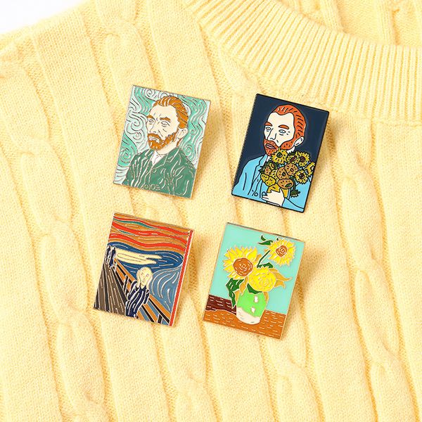 

fashion van gogh art enamel pin collection oil painting brooches women lapel pins badge collar jewelry metal kids gift, Red;brown