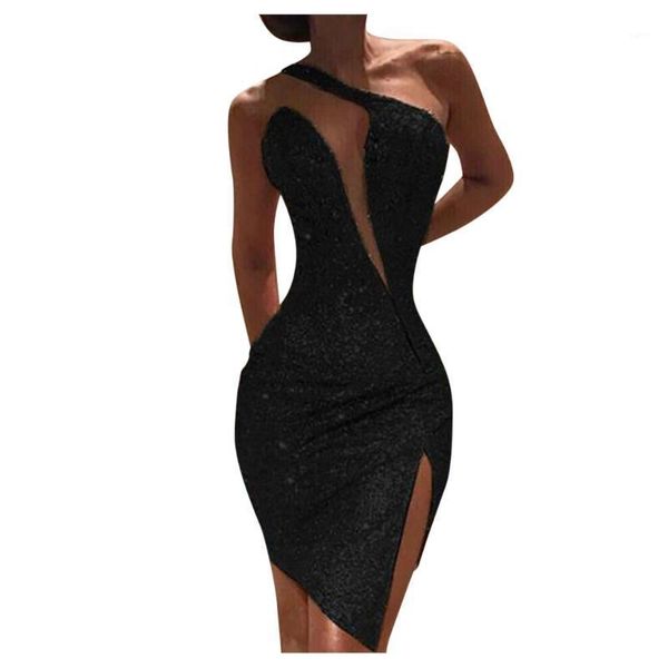 

formal dress women elegant formal clod shoulder sequins split sleeveless nightclub evening party short mini dress vestido1, Black;gray