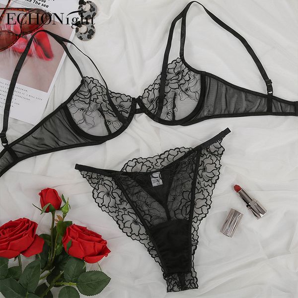 

echonight lace lingerie floral embroidery underwear set women transparent bra set push up underwire lace bra lingerie set c1211, Black;white
