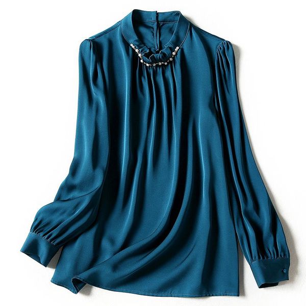 

spring autumn natural real silk women's shirt elegant beading stand collar long sleeve blouses office lady solid blouse, White