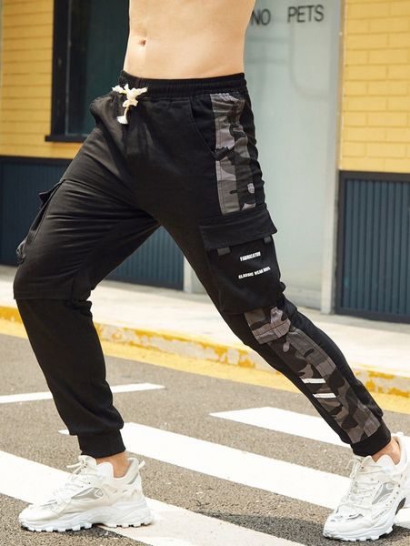 

men letter graphic camo side seam flap pocket drawstring waist pants 81zh#, Black