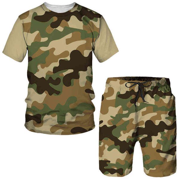 Yaz Camo erkek Fermuar T-shirt / Şort / Takım Elbise Erkek Kısa Kollu Askeri Kamuflaj Spor Set Unisex Rahat 2 Adet Eşofman G220224