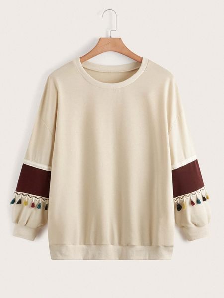 

plus contrast panel tassel trim drop shoulder pullover y04o#, Black