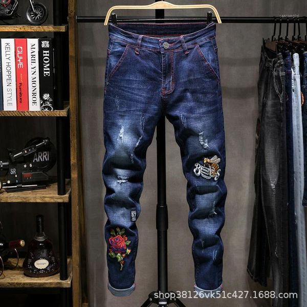 

2d men's jeans spring new foreign trade 3d big embroidered trousers personality holes embroidered elastic leggings1, Blue