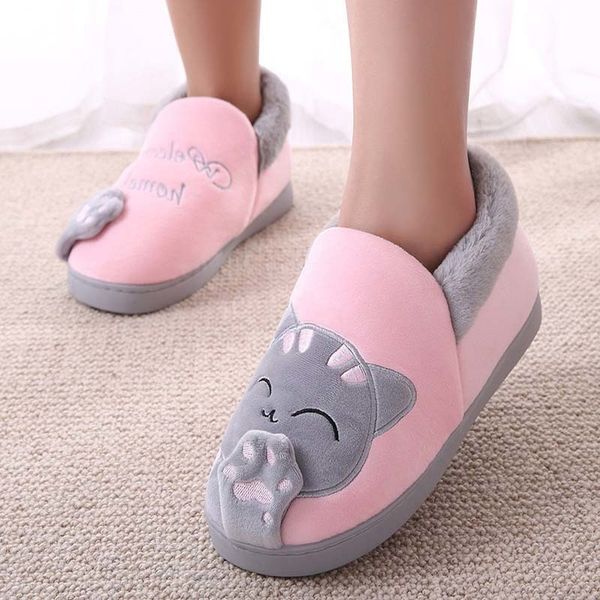 

women winter warm home slippers couple shoes female plush cat animal slip on soft indoor flats comfort ladies man plus size y1124, Black