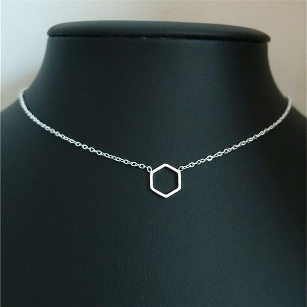 

pendant necklaces stainless steel ketting geometric simple hexagonal for women vintage jewelry gold chain choker necklace, Silver