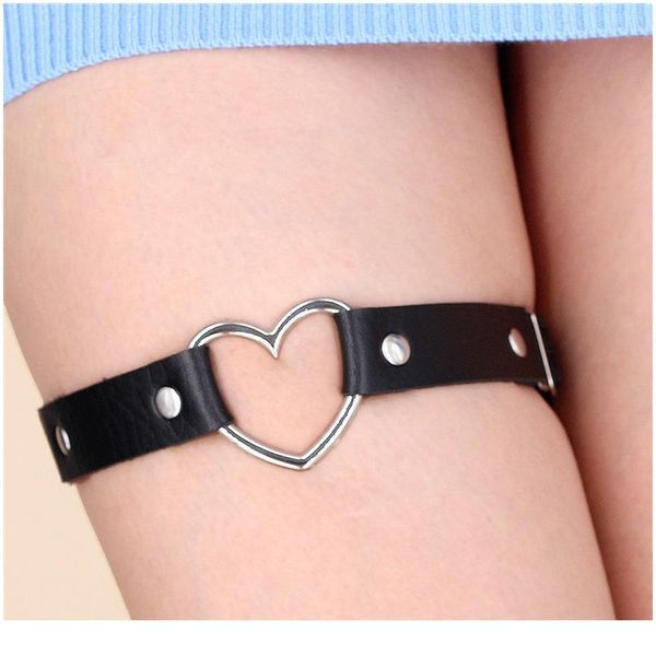 

leather punk women elastic leg round heart ring garter belt heart rivet thigh ring goth harness stockings garter qyleii, White