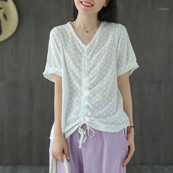 

women's summer blouse short sleeve shirts female v neck draw string lace blusas embroidery flowers hollow thin and blouses1, White