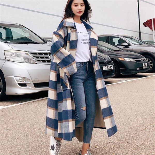 

long section plaid woolen coat female 2019 autumn winter fashion new loose suit collar double-breasted woolen coat tide h002431, Black