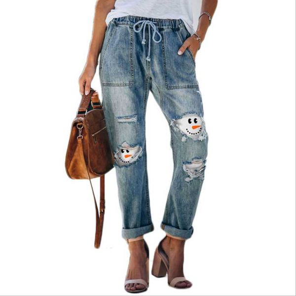 

women's jeans female christmas theme little snowman pattern printed loose wide-leg denim straight-leg pants with holes in personality e, Blue