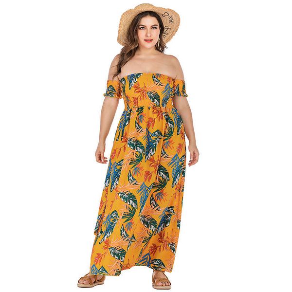 

big size women's waist off shoulder fashion printed leaf dress, Black;gray