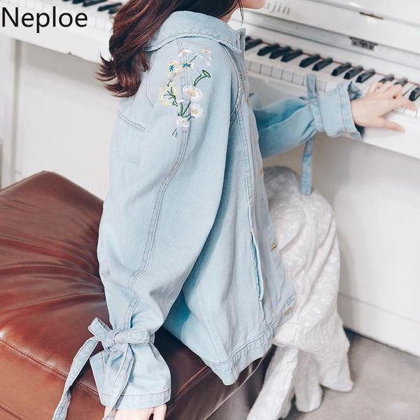 

women's jackets neploe embroidery women summer 2021 turn-down collar long sleeve ladies loose drawstring coat 448631, Black;brown