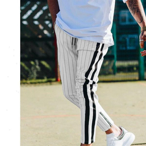 

fashion men england style striped pants male new long pencil joggers pants casual trousers drawstring side stripe slacks 2019, Black