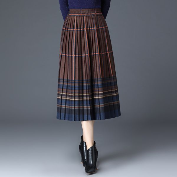 

retro woolen plaid skirt autumn and winter women's high-waisted thin national style long pleated skirt a-line skirt y1214, Black