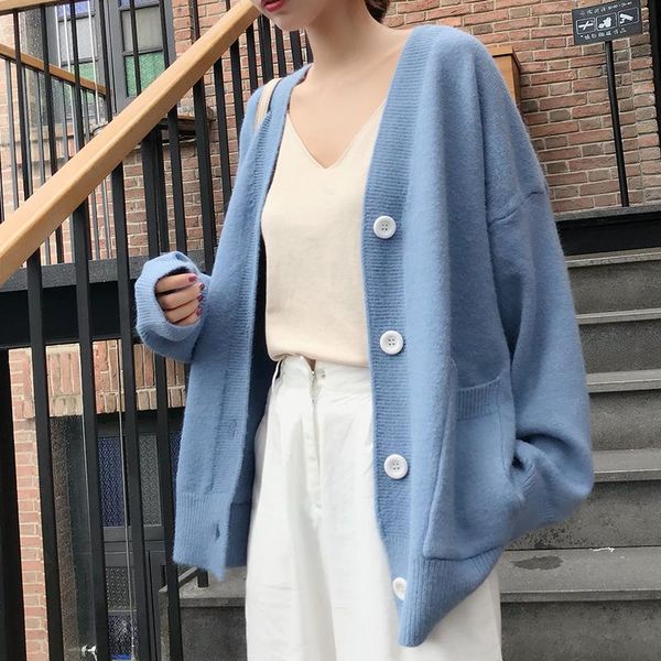 

women's knits & tees woman autumn 2021 white v-neck two pocket cardigan sweater student lazy oaf knitted loose coat
