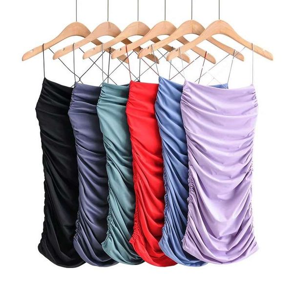 

wind big open back cross leather strap pleated hip suspender skirt color flat mouth dress, Black;gray
