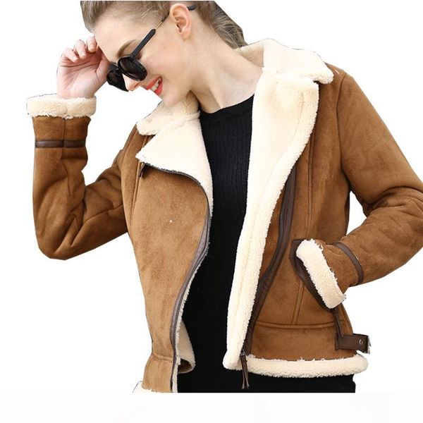 

brown shearling sheepskin coats women autumn winter womens coffeelambs wool short biker faux leather suede jackets js3010, Black