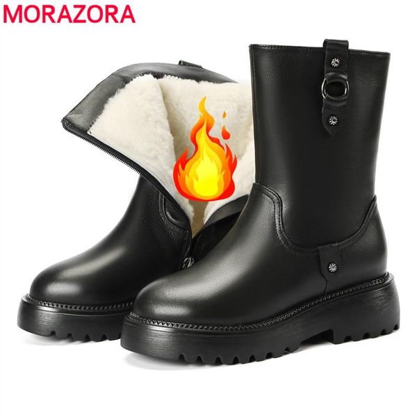 

MORAZORA 100% Nature Wool Genuine Leather Boots Women Keep Warm Winter Snow Boots Platform Zip Ankle Warm Female Shoes, Black