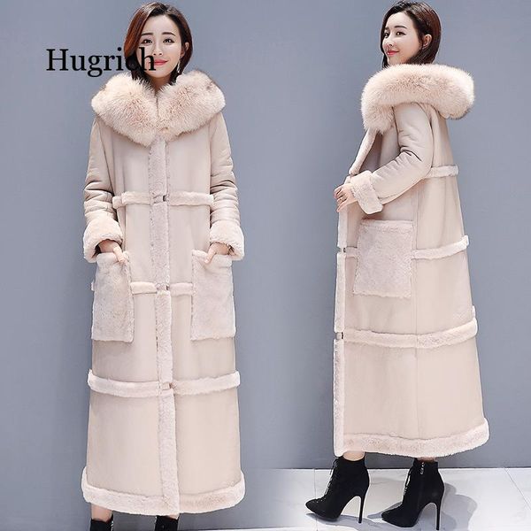 

women's fur & faux winter lamb coat women plus size collar over the knee leather thick warm long elegant metal magnetic buttons, Black