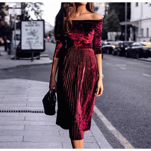 

2021 spring new half-sleeve dress women solid color middle sleeve slash neck high waist pleated dress velete casual dresses, Black;gray